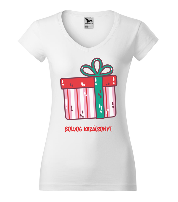 Boldog karácsonyt ajándék doboz - V-nyakú női póló fehér