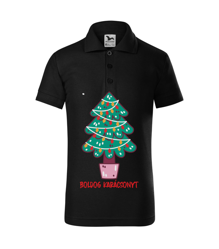 Boldog karácsonyt fenyőfa - Galléros gyerek póló fekete