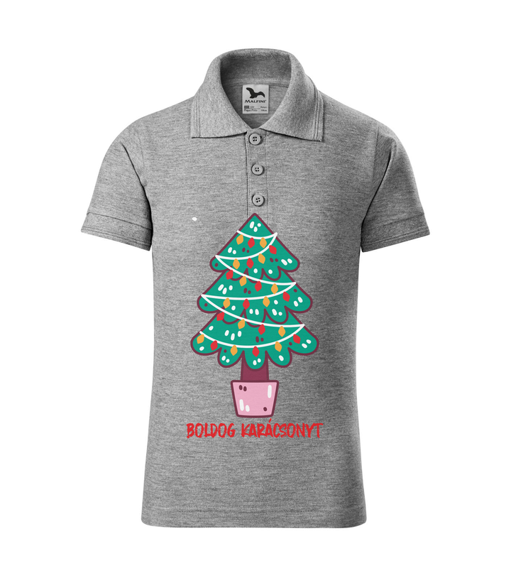 Boldog karácsonyt fenyőfa - Galléros gyerek póló sötétszürke