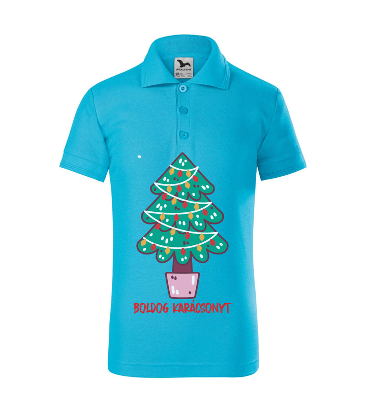 Boldog karácsonyt fenyőfa - Galléros gyerek póló türkiz