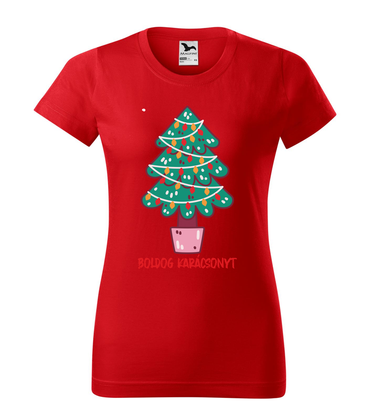 Boldog karácsonyt fenyőfa - Női póló piros