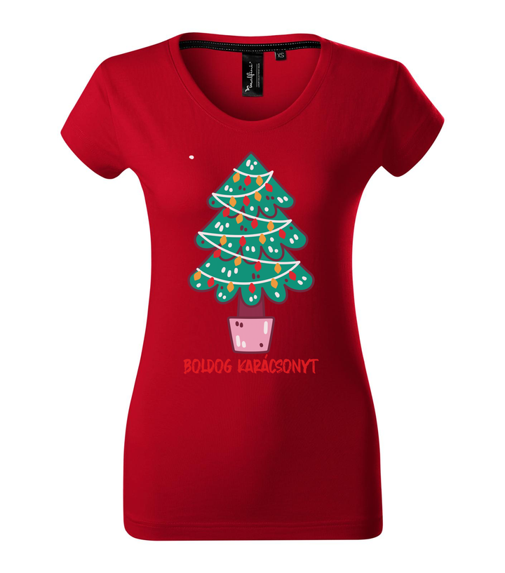 Boldog karácsonyt fenyőfa - Prémium női póló F1 piros