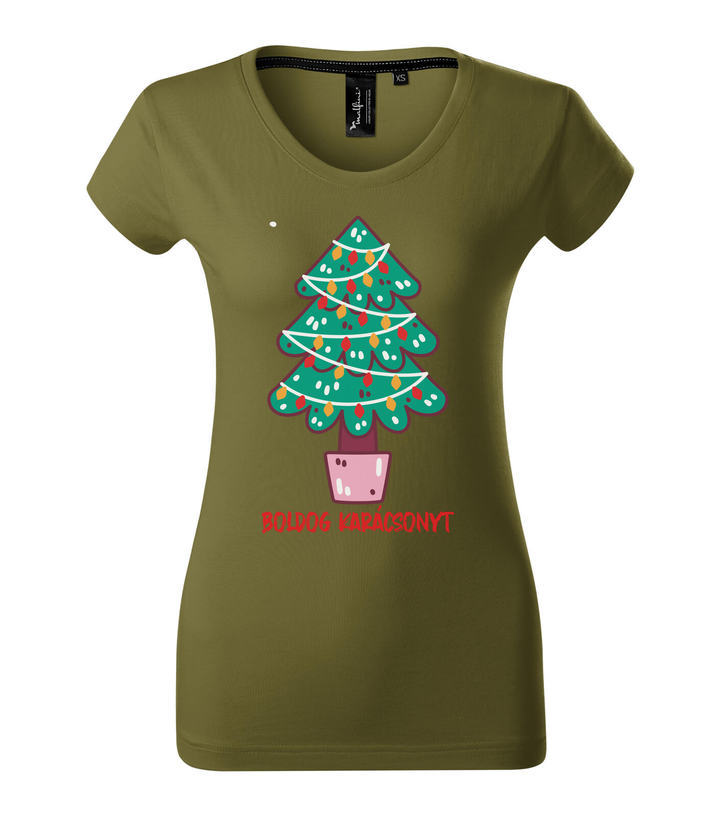 Boldog karácsonyt fenyőfa - Prémium női póló avokádózold