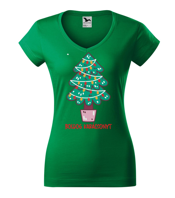Boldog karácsonyt fenyőfa - V-nyakú női póló fűzöld