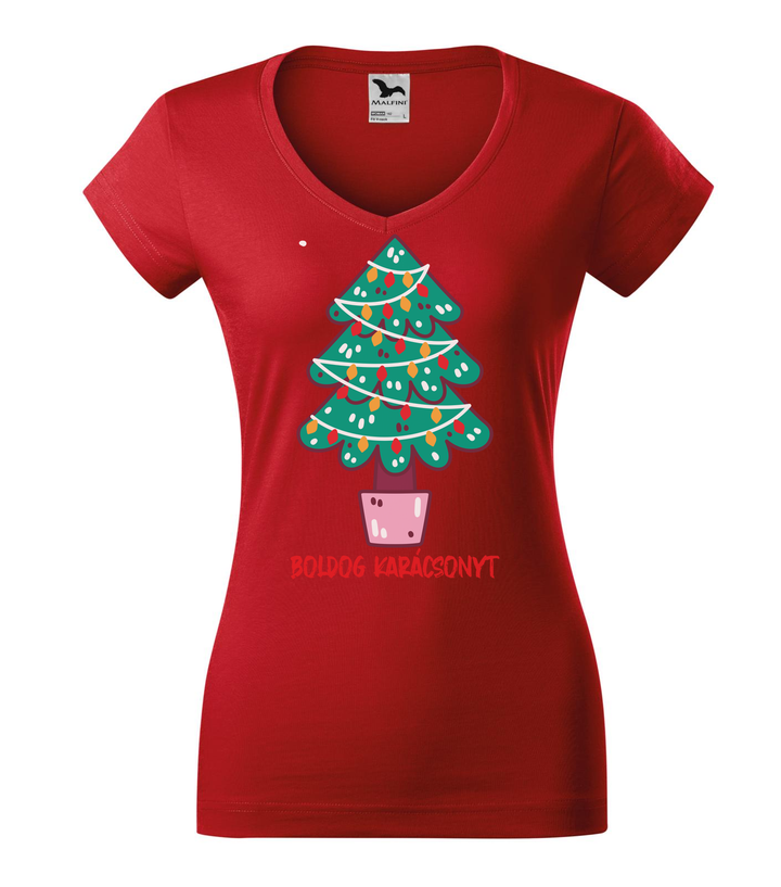 Boldog karácsonyt fenyőfa - V-nyakú női póló piros