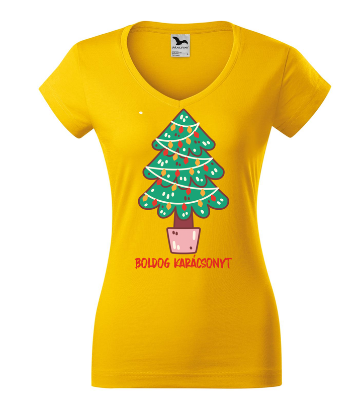 Boldog karácsonyt fenyőfa - V-nyakú női póló sárga