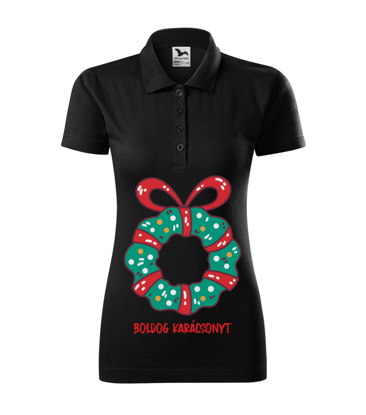 Boldog karácsonyt koszorú - Galléros női póló fekete