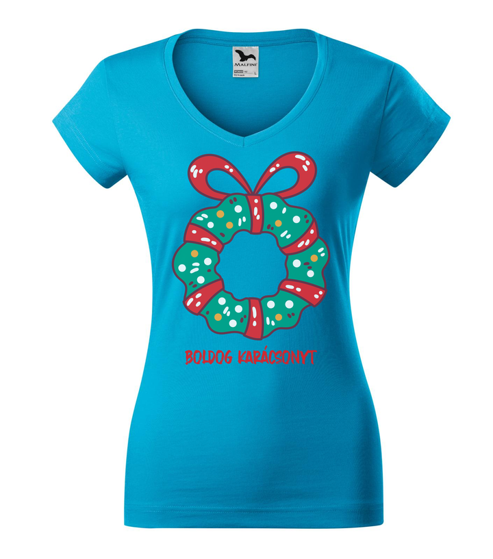 Boldog karácsonyt koszorú - V-nyakú női póló türkiz