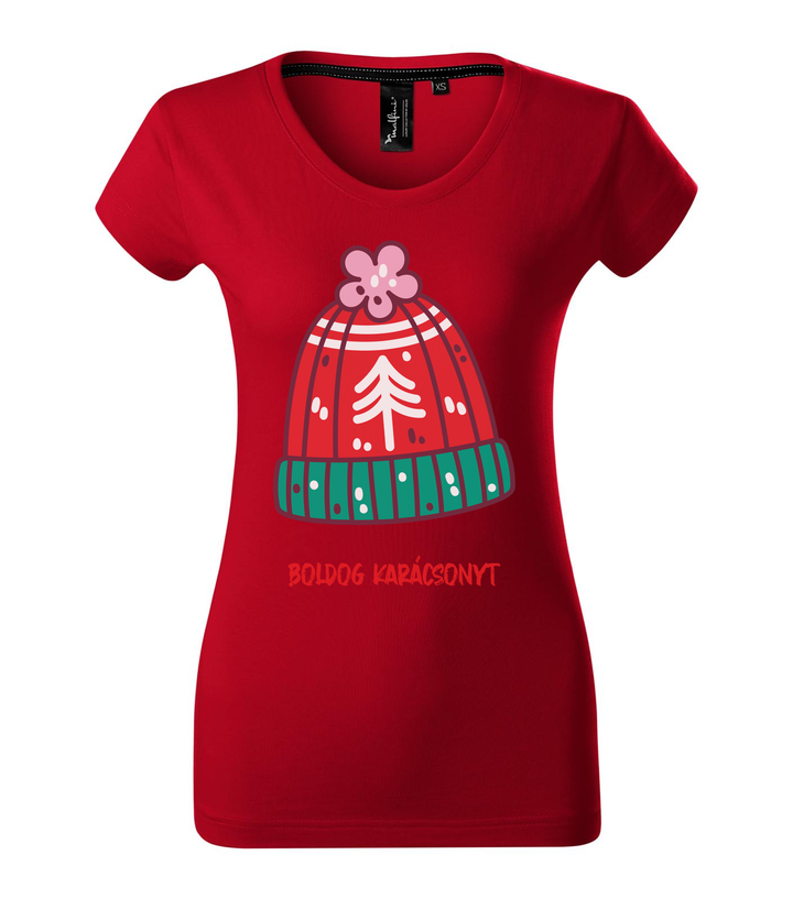 Boldog karácsonyt kötött sapka - Prémium női póló F1 piros