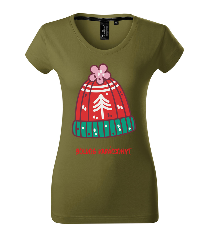 Boldog karácsonyt kötött sapka - Prémium női póló avokádózold