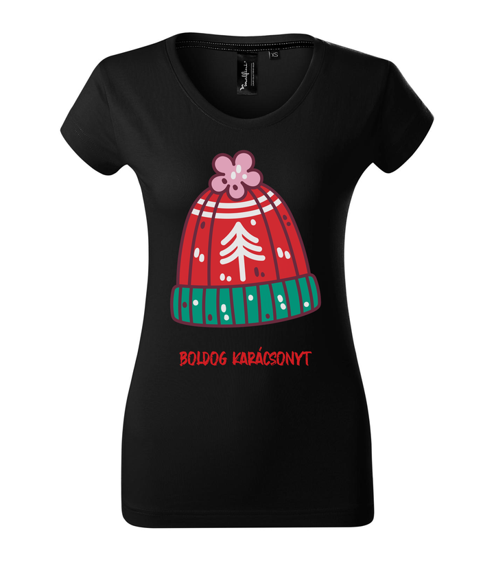 Boldog karácsonyt kötött sapka - Prémium női póló fekete