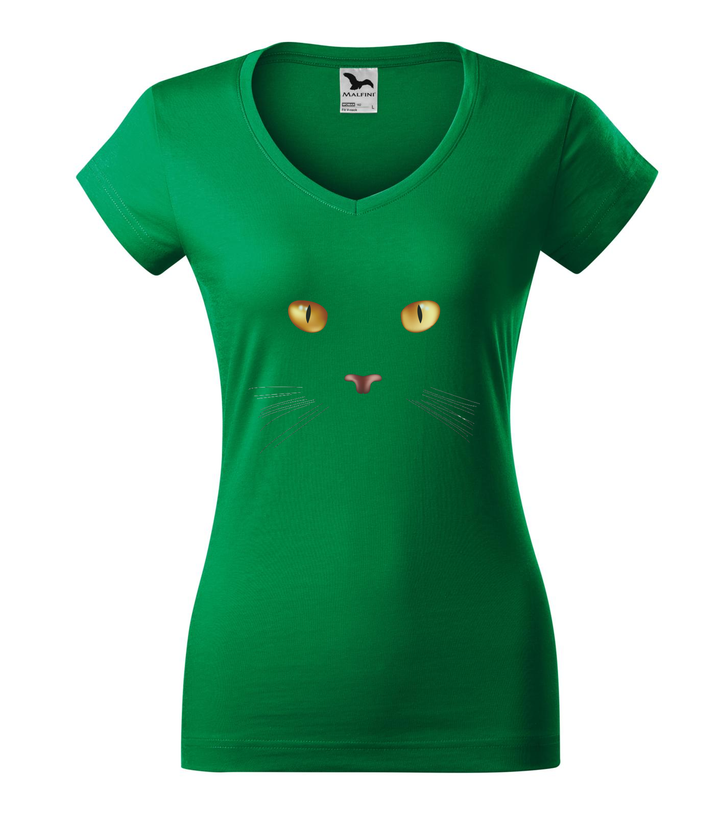 Macska arc - V-nyakú női póló fűzöld