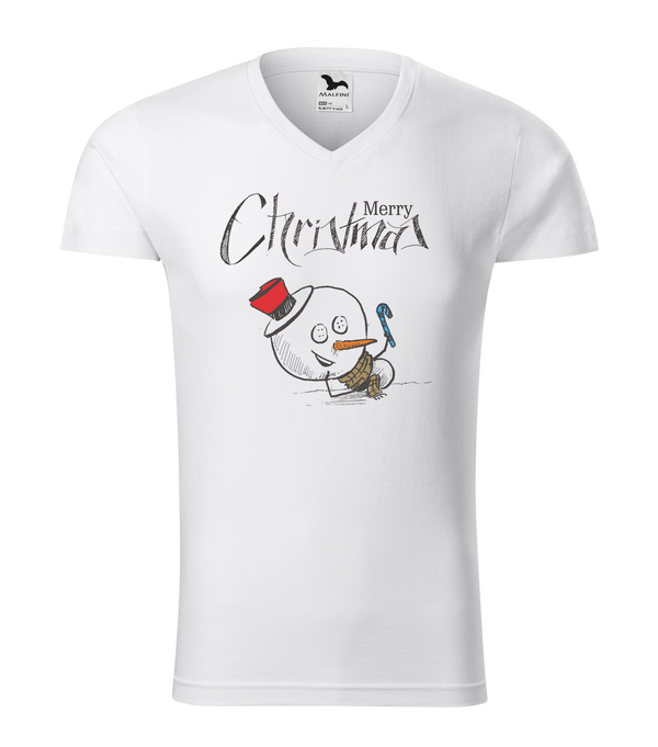 Merry Christmas Snowman - V-nyakú férfi póló fehér
