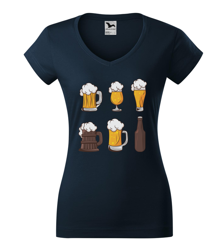 Six beers drinks set icons - V-nyakú női póló tengerészkék