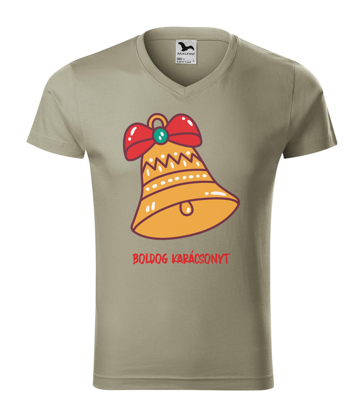Boldog karácsonyt harang - V-nyakú férfi póló világos khaki