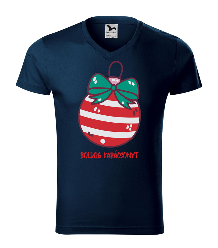 Boldog karácsonyt karácsonyfa dísz - V-nyakú férfi póló tengerészkék