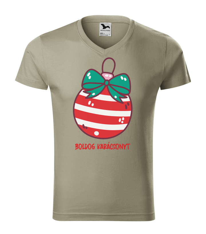 Boldog karácsonyt karácsonyfa dísz - V-nyakú férfi póló világos khaki