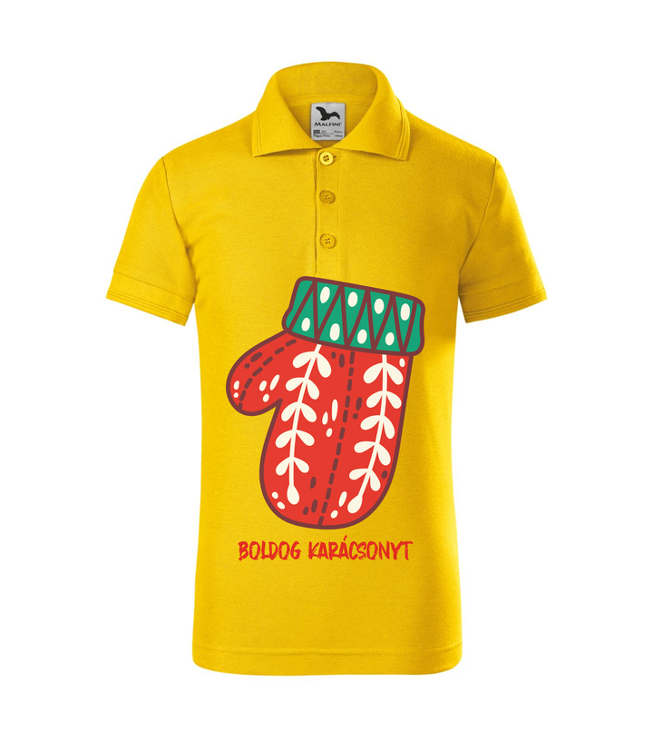 Boldog karácsonyt kesztyű - Galléros gyerek póló sárga
