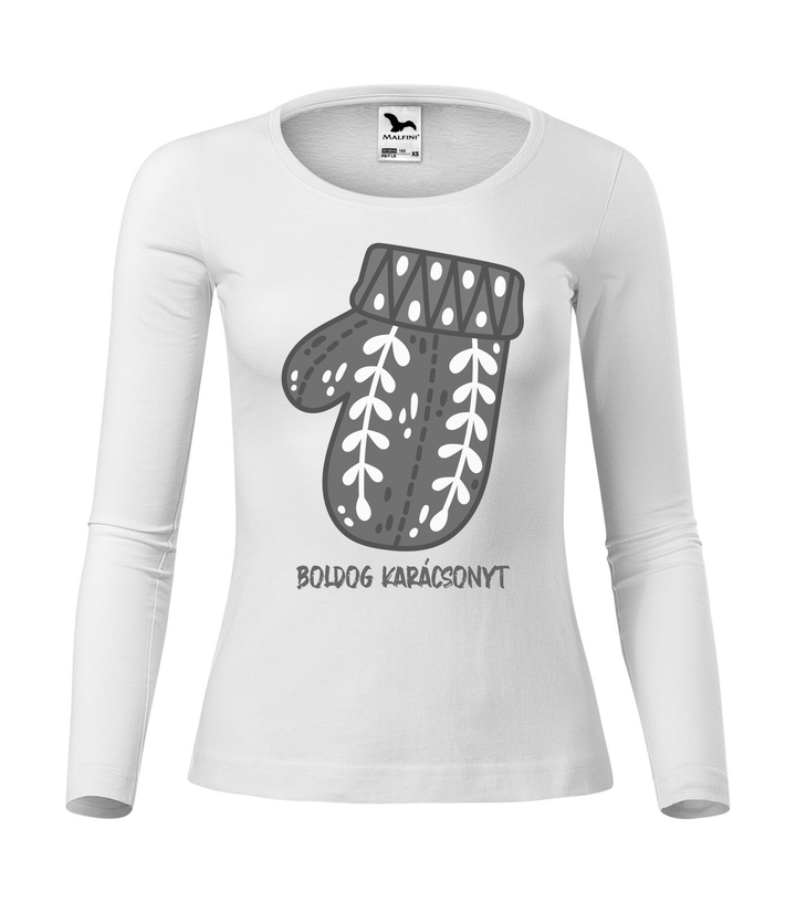 Boldog karácsonyt kesztyű - Hosszú ujjú női póló fehér