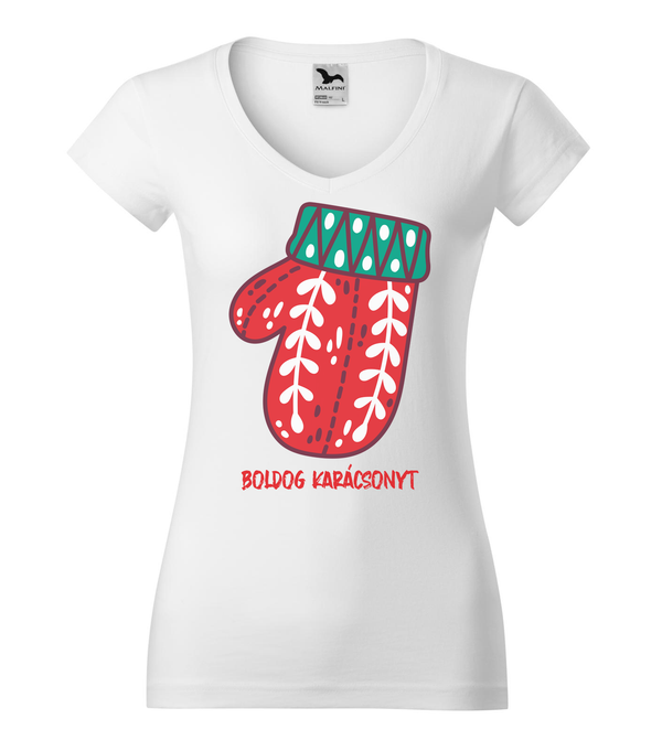 Boldog karácsonyt kesztyű - V-nyakú női póló fehér
