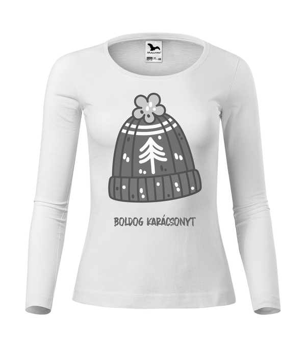 Boldog karácsonyt kötött sapka - Hosszú ujjú női póló fehér