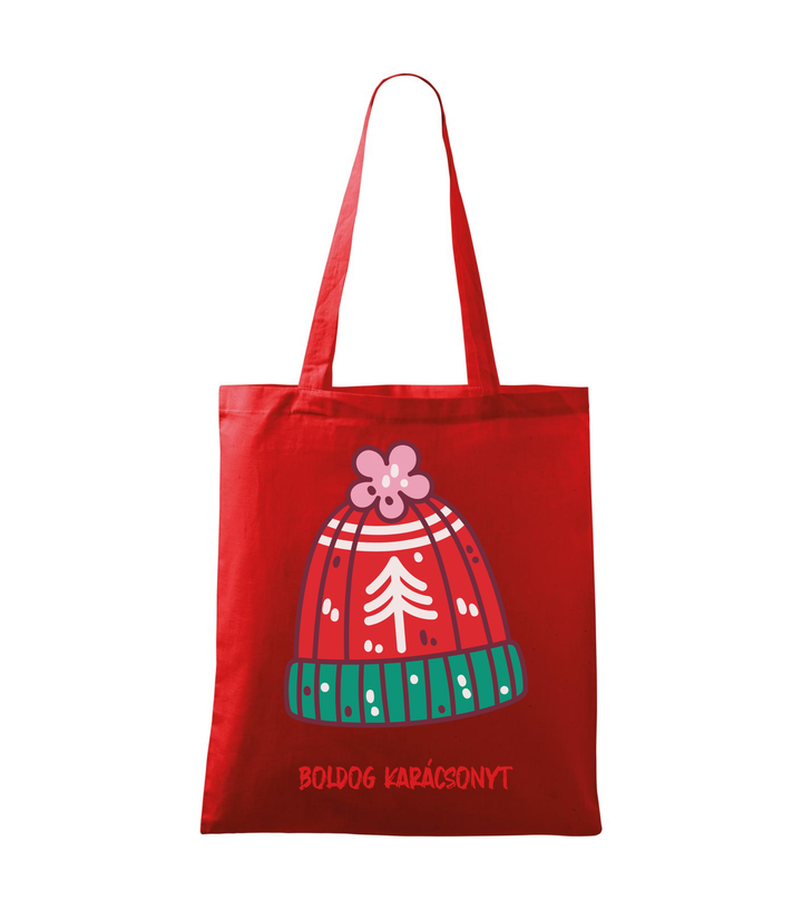Boldog karácsonyt kötött sapka - Vászontáska (42 x 38 cm) piros