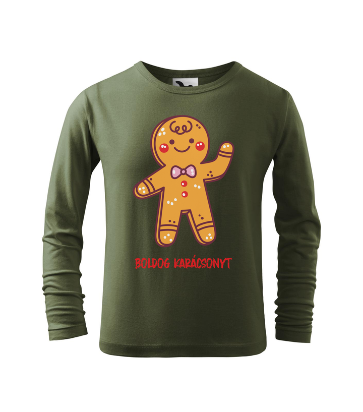 Boldog karácsonyt mézeskalács figura - Hosszú ujjú gyerek póló khaki