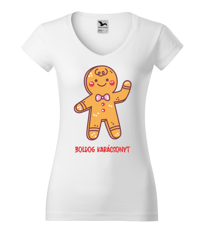 Boldog karácsonyt mézeskalács figura - V-nyakú női póló fehér