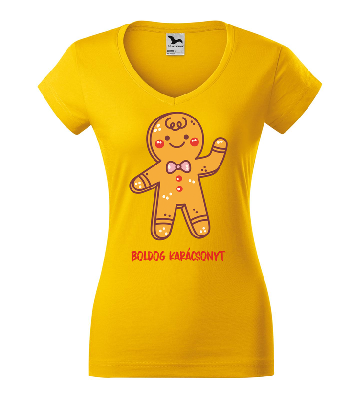 Boldog karácsonyt mézeskalács figura - V-nyakú női póló sárga