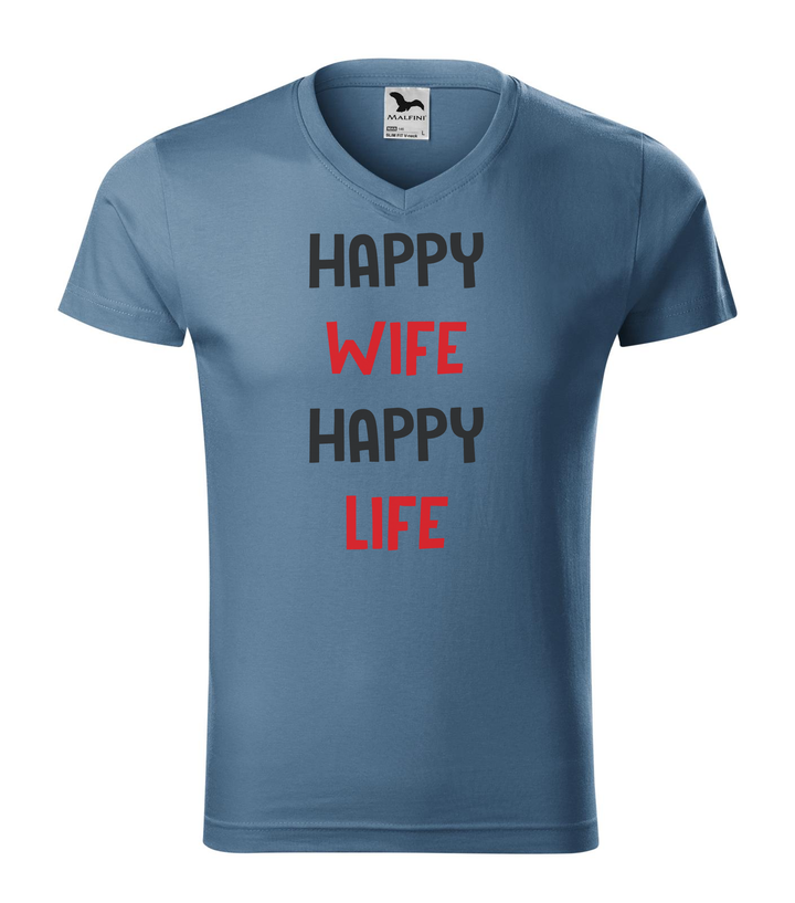 Happy wife happy life - V-nyakú férfi póló farmerkék