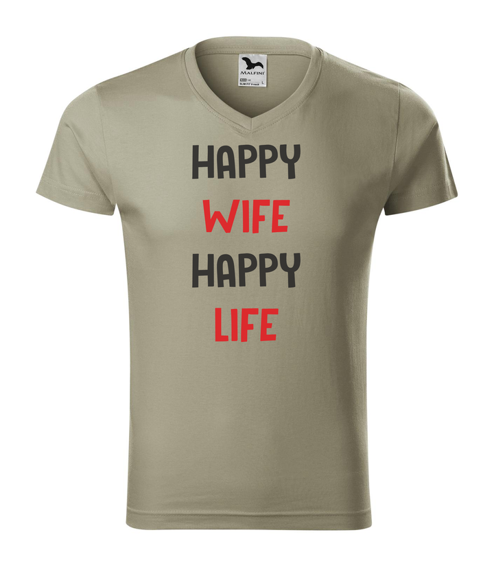 Happy wife happy life - V-nyakú férfi póló világos khaki