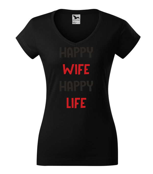 Happy wife happy life - V-nyakú női póló fekete
