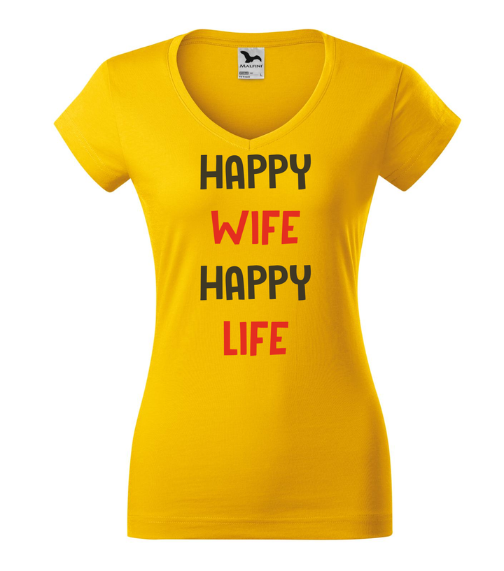 Happy wife happy life - V-nyakú női póló sárga