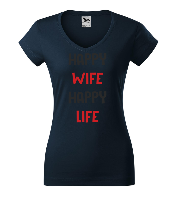 Happy wife happy life - V-nyakú női póló tengerészkék