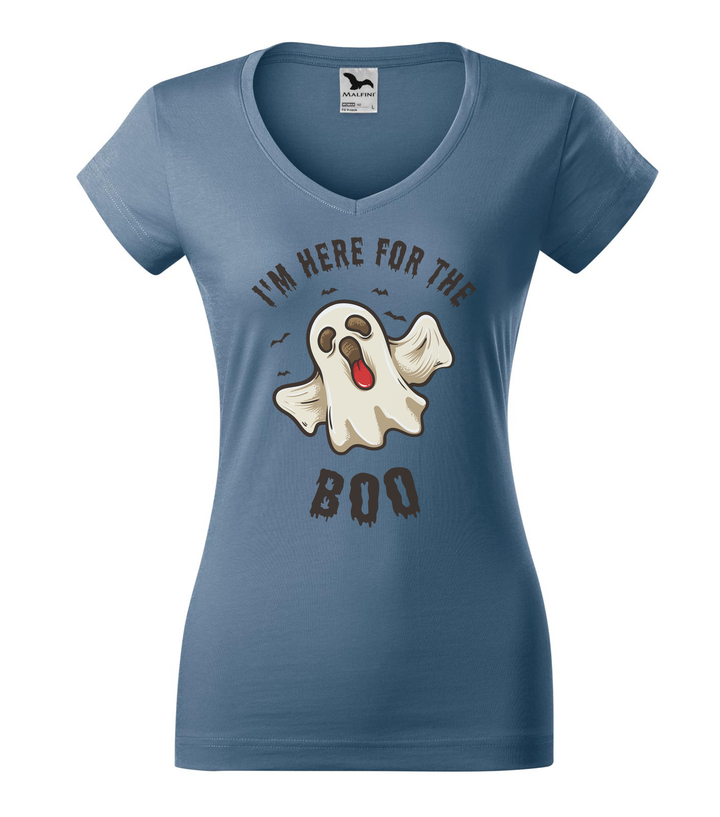 I'm here for the boo - V-nyakú női póló farmerkék
