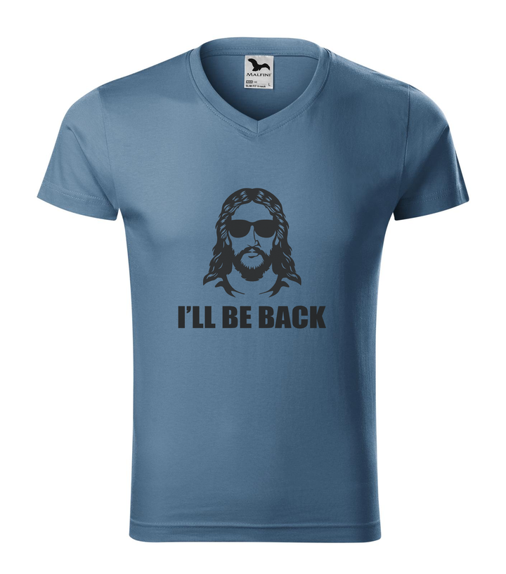 Jesus - I'll be back - V-nyakú férfi póló farmerkék