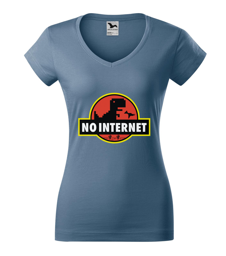 T-Rex - no internet - V-nyakú női póló farmerkék